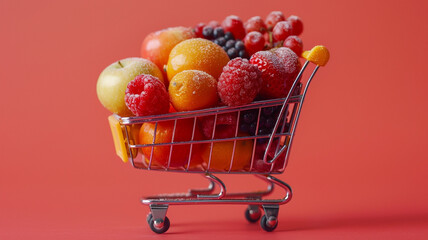 Miniature shopping cart filled with assorted fresh fruits on a red background