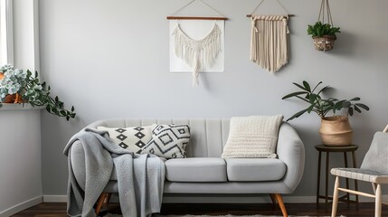 Minimalistic and design home interior of living room with gray sofa newspaper holder  macrame plaid pillows mock up poster frame and elegant accessories Stylish home decor Template Gra : Generative AI