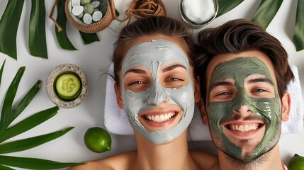 Facial spa and smile with portrait of couple for skincare cosmetics and detox from above Beauty relax and self care with man and woman with clay mask at home for salon wellness and cuc : Generative AI