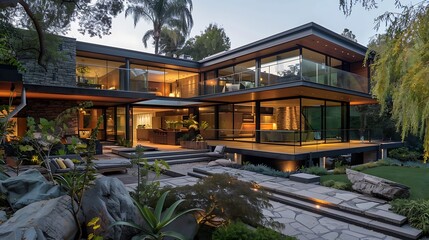 Obraz premium Contemporary Architectural Marvel: A Stunning Modern House with Minimalist Design and Striking Features, Captured in Awe-Inspiring Detail - A7FB30