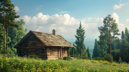 Obraz premium Log cabin amidst blooming wildflowers with forest background and clear sky