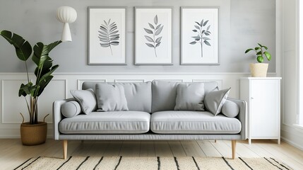 Grey settee near white cupboard in minimal living room interior with posters on the wall Real photo : Generative AI