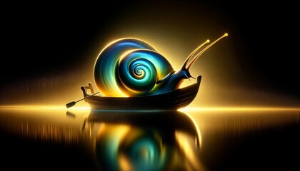 A colorful snail is riding a boat on a lake