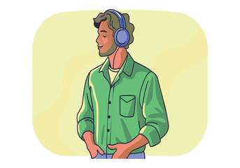 A man wearing headphones is standing in front of a yellow background