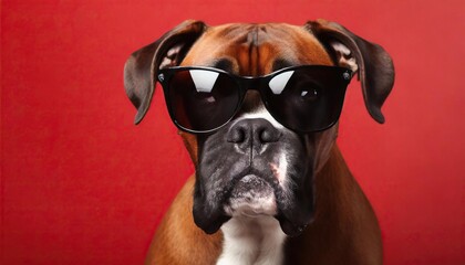 ortrait of a boxer dog wearing sunglasses on a red background.