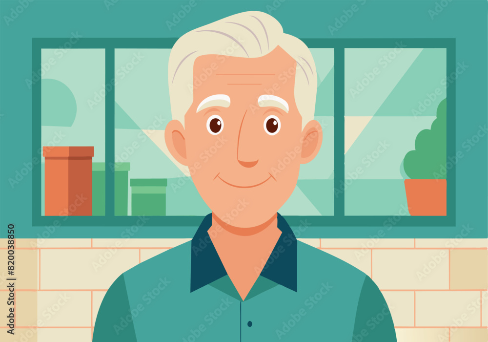 Poster a man is smiling in front of a window