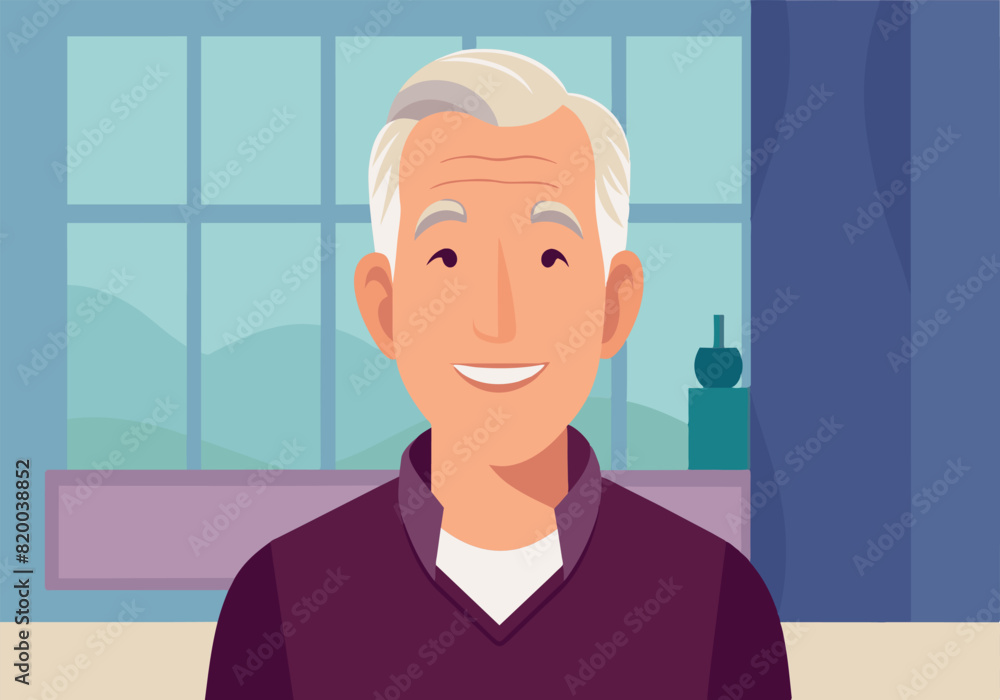 Poster a man is smiling in a room with a window