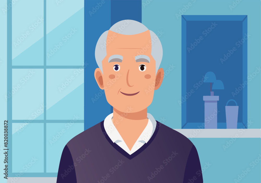 Poster a man is smiling in a room with a window