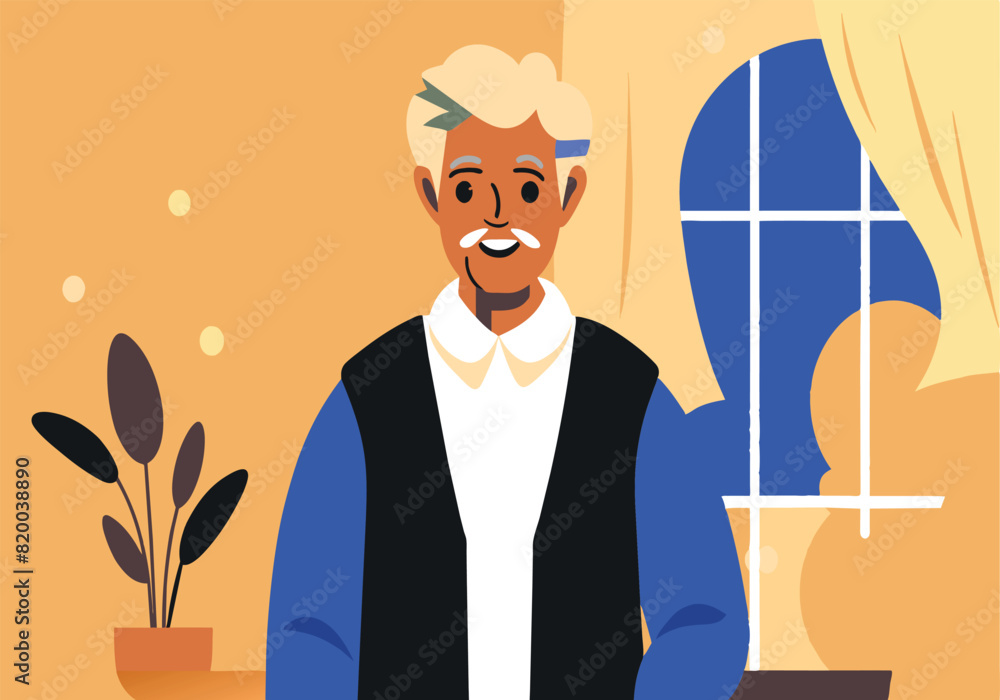 Poster a man is smiling in front of a window