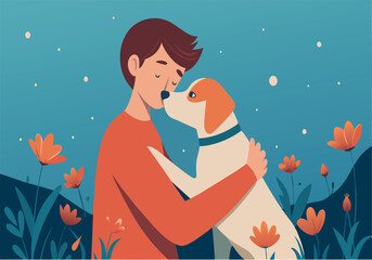 A man is hugging a dog in a field of flowers