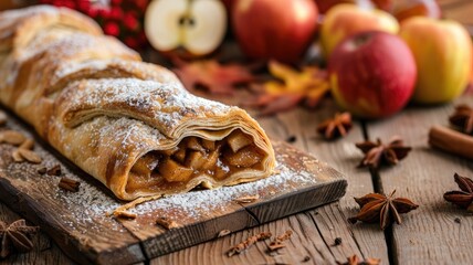 Fototapeta premium Apple strudel on wooden board with fruits and spices