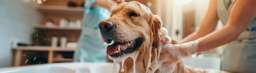 Golden Retriever enjoying a bath, with a professional groomer lathering its fur, set in a brightly...