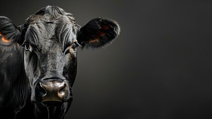 Black cow with shiny coat looking forward against dark grey background