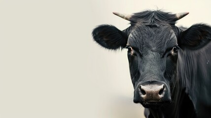 Black cow head against light background, looking at camera