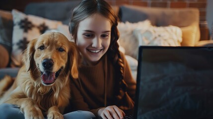 Cute smiling girl and her domestic pet dog watching movie, TV series on TV or watching video, photos, scrolling social media on laptop computer