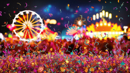 Colorful confetti in front of colorful background with bokeh for carnival