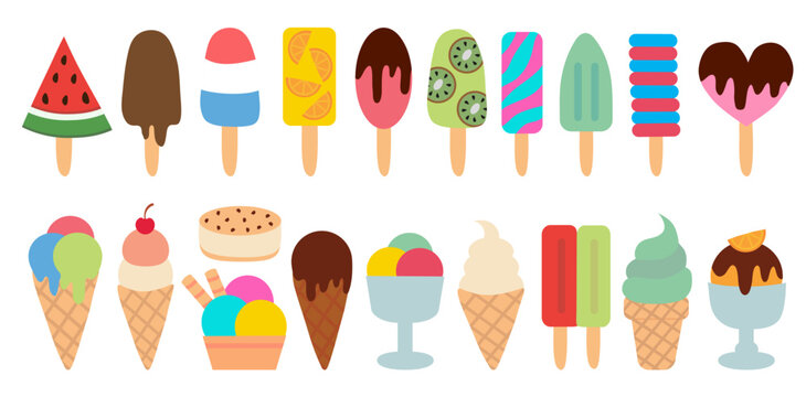 Ice cream collection. Citrus orange, watermelon, ball in cup, classic, gelato, sorbet, Waffle cup, fudge, popsicle, sundae, vanilla, with cherry, sandwich, chocolate, in cone. Summer time sweet food.