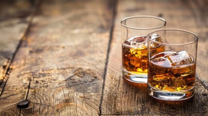 Two glasses of amber-colored liquid with ice on wooden surface