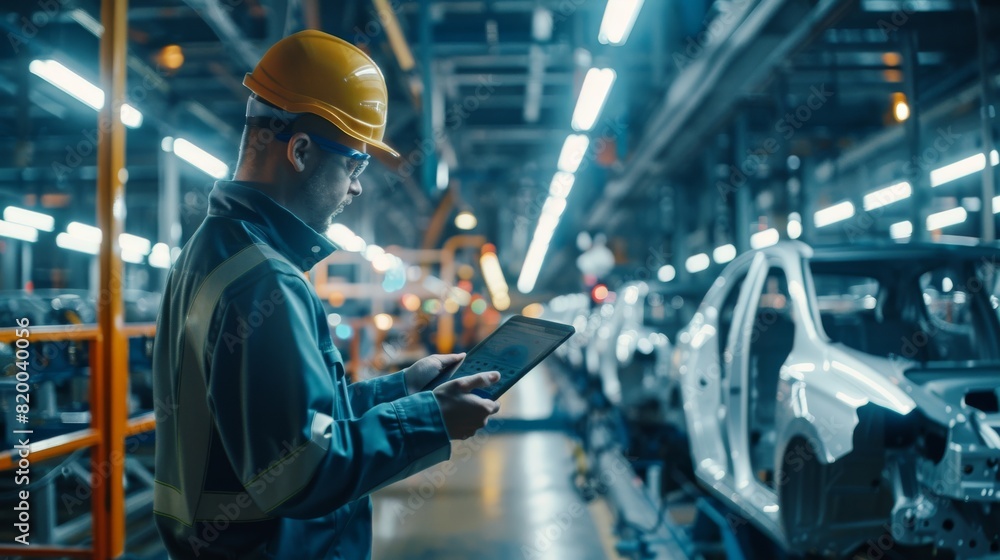Aufkleber an engineer in a safety helmet, part of the modern workforce, uses a tablet to inspect a car factory