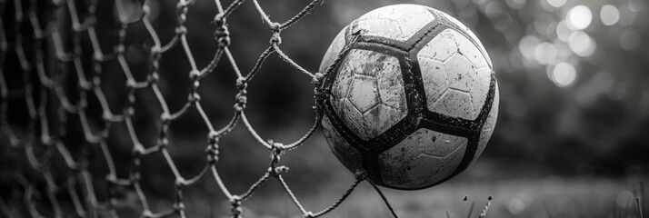 Black and White Soccer Ball Stuck in Net   Dramatic Sports Moment - Powered by Adobe