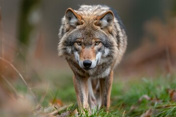Naklejka na ściany i meble Digital image of wolf in the grass walking in the woods, high quality, high resolution
