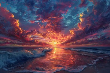 Depicting a  sunset on a beach with waves, high quality, high resolution