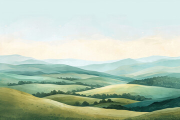 Obraz premium Lush green meadows stretch towards majestic mountains under a clear blue sky
