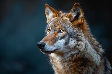 Wolf in a dark room against a blue backdrop, high quality, high resolution