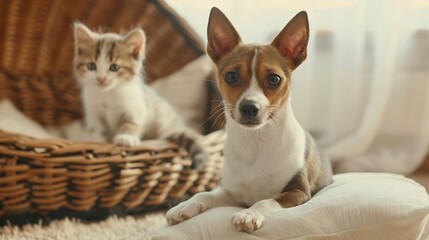 Beautiful dog and a small cat are sitting on a soft white pillow A kitten and a puppy together at home Cozy home concept : Generative AI