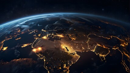 globe with a panoramic view of the planet Earth from space. Luminous city lights and soft clouds