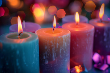 Colorful Candle Display with Glowing Flames and Bokeh Effect for Cozy Ambiance