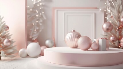 christmas pedestal podium concept. scene with christmas object and white background, floor mable,...