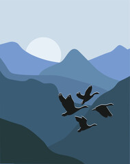 Flying Birds Over Mountain