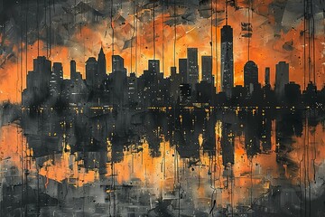 Illustration of abstract expressionist art style , the picture shows a night view of new york