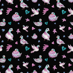 Hand drawn watercolor seamless pattern with doves. Watercolor cute bright dove. Children's patterns. Scrubbooking. Print for fabric. Bright background with birds. Cute cool background. Pigeons