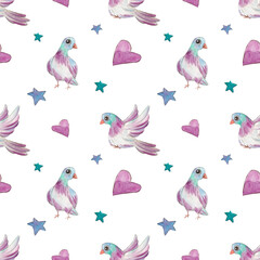 Hand drawn watercolor seamless pattern with doves. Watercolor cute bright dove. Children's patterns. Scrubbooking. Print for fabric. Bright background with birds. Cute cool background. Pigeons