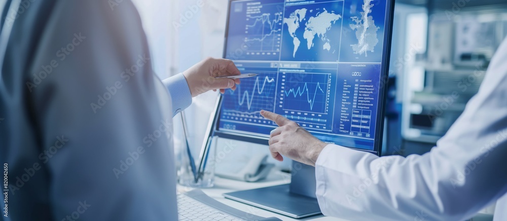 Aufkleber a group of business professionals is analyzing financial data on computer screens inside an office, 