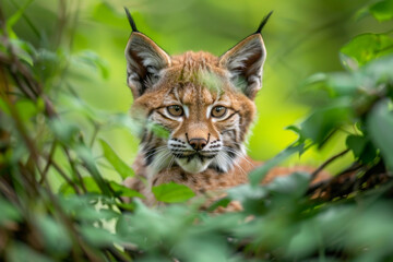 Obraz premium Lynx Cub in Natural Habitat Wildlife Close Up of Young Predatory Cat in Lush Green Forest