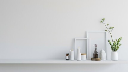 Aesthetic modern minimalist Scandinavian home interior decorations Elegant bohemian living room with white wall shelves with candle picture frame storage box bottle vase fragrance : Generative AI