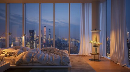 A luxurious and spacious bedroom featuring a plush, king-sized bed upholstered in soft, dove gray velvet. 