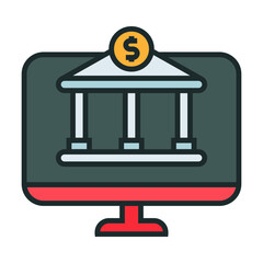 Internet banking icon. Computer Icon with image of a bank building on screen. Icons about banking and finance