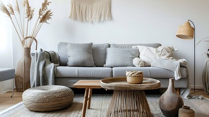 Stylish and design home interior of living room with gray sofa wooden coffee table  pillows...