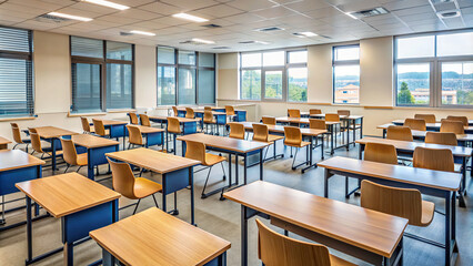 An empty classroom with rows of desks and chairs, perfect for educational presentations or training materials