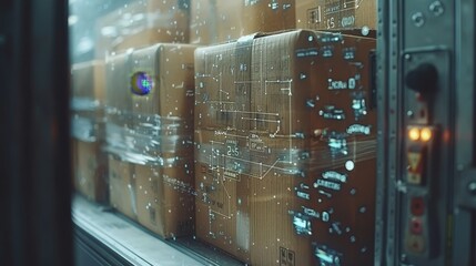 Modern warehouse automation  conveyor belts, cardboard boxes, and digital interfaces