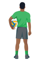 African volleyball player from the back who stands with a ball under his arm