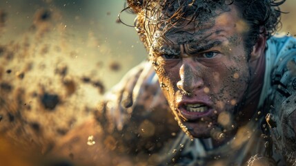 Image of a rugby player mid-tackle during a match, with dirt flying and intense expressions.