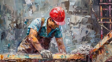 construction champion hardworking laborer on building site oil painting