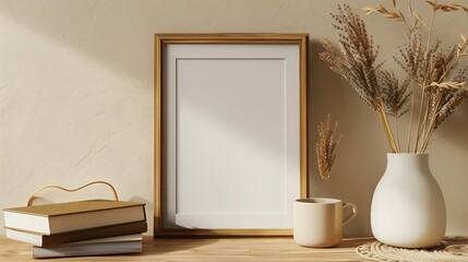 Empty wooden picture frame mockup hanging on beige wall background Boho shaped vase dry flowers on table Cup of coffee old books Working space home office Art poster display Modern int : Generative AI