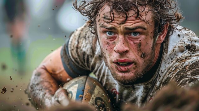 Image of a rugby player mid-tackle during a match, with dirt flying and intense expressions.