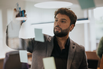 Focused businessman using sticky notes on a glass wall for brainstorming sessions, discussing...